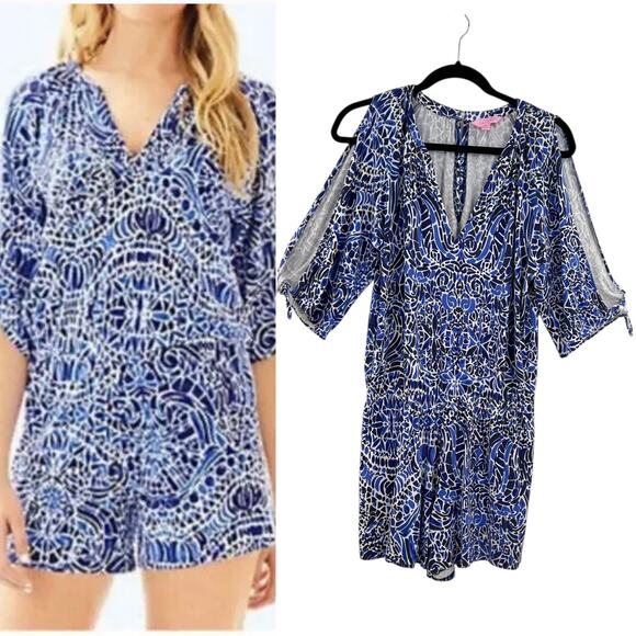Lilly‎ Pulitzer Bryce Romper Taverna Tile Print Bright Navy Blue Size Small - Picture 1 of 15